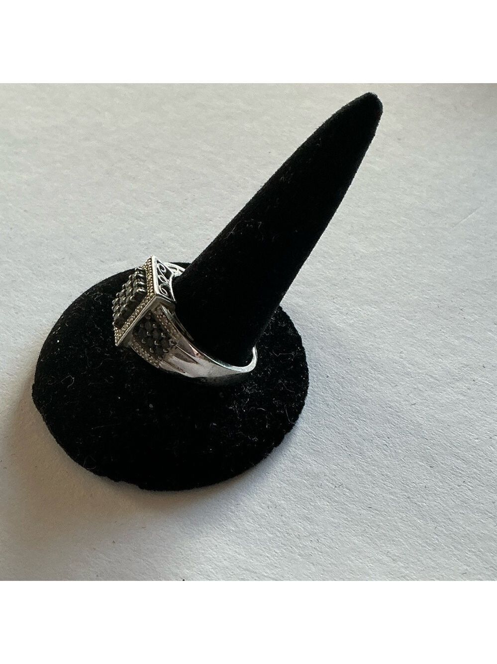 Elegant Black and White Crystal Ring with Sterling Pave Band - Picture 2 of 4